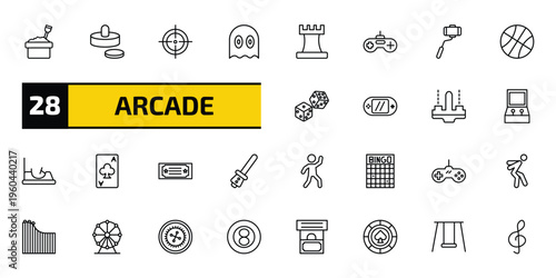arcade outline icon set. 28 linear vector for ui, web and mobile. thin line sandbox, air hockey, shooter and more icons.