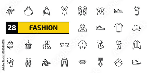 fashion outline icon set. 28 linear vector for ui, web and mobile. thin line skein, purses, sweater with pockets and more icons.