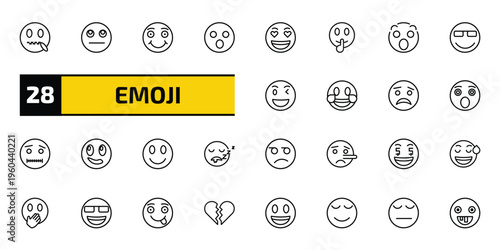 emoji outline icon set. 28 linear vector for ui, web and mobile. thin line muted emoji, thinking emoji, smile and more icons.