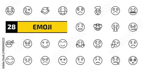 emoji outline icon set. 28 linear vector for ui, web and mobile. thin line hushed emoji, proud emoji, in love and more icons.