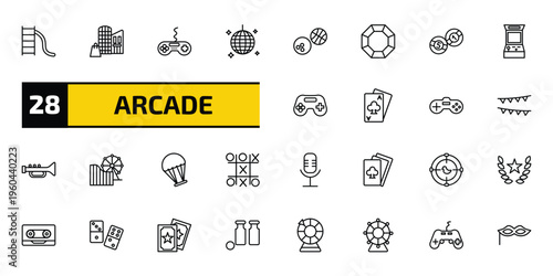 arcade outline icon set. 28 linear vector for ui, web and mobile. thin line toboggan, mall, game and more icons.