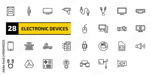 electronic devices outline icon set. 28 linear vector for ui, web and mobile. thin line ssd, smartband, television and more icons.