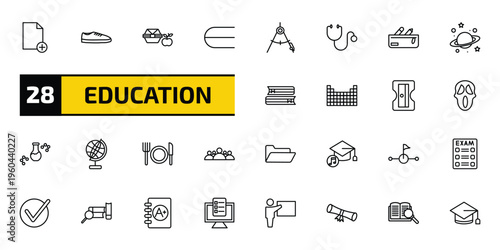 education outline icon set. 28 linear vector for ui, web and mobile. thin line new document, shoe, lunchbox and more icons.