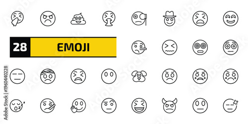emoji outline icon set. 28 linear vector for ui, web and mobile. thin line sneezing emoji, pouting emoji, poo and more icons.