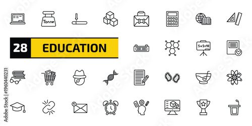 education outline icon set. 28 linear vector for ui, web and mobile. thin line chalkboard, tonne, window scrolling medium and more icons.