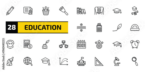 education outline icon set. 28 linear vector for ui, web and mobile. thin line crayon, diploma with seal, spacetime curvature and more icons.