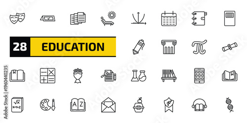 education outline icon set. 28 linear vector for ui, web and mobile. thin line drama, booked, archives and more icons.