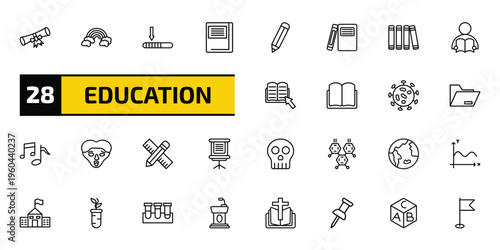 education outline icon set. 28 linear vector for ui, web and mobile. thin line diploma with a ribbon, basic rainbow, window scrolling left and more icons.