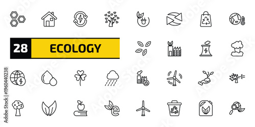 ecology outline icon set. 28 linear vector for ui, web and mobile. thin line eco cell, green house, renewable energy and more icons.