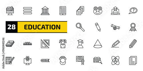 education outline icon set. 28 linear vector for ui, web and mobile. thin line studies, bars, bank and more icons.