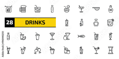 drinks outline icon set. 28 linear vector for ui, web and mobile. thin line pub, pint of beer, caipirinha and more icons.