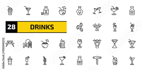 drinks outline icon set. 28 linear vector for ui, web and mobile. thin line frappuccino, martini, herbal liquor and more icons.