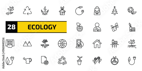ecology outline icon set. 28 linear vector for ui, web and mobile. thin line plant a tree, recycle, green energy source and more icons.