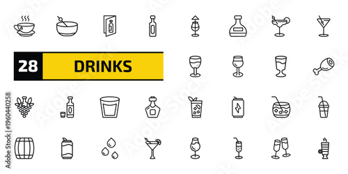 drinks outline icon set. 28 linear vector for ui, web and mobile. thin line tea, greyhound drink, wine list and more icons.