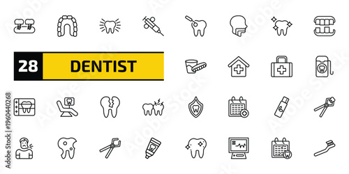 dentist outline icon set. 28 linear vector for ui, web and mobile. thin line fake tooth, maxilla, clean tooth and more icons.