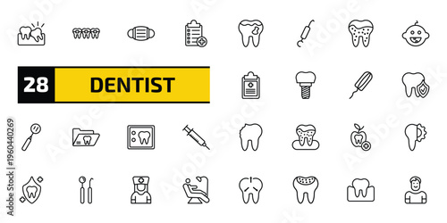 dentist outline icon set. 28 linear vector for ui, web and mobile. thin line wisdom tooth, brackets, dentist mask and more icons.