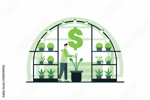 A person tending to plants growing inside a greenhouse with a dollar sign