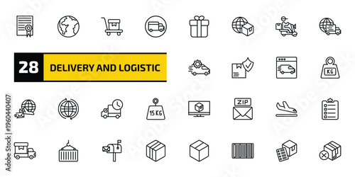 delivery and logistic outline icon set. 28 linear vector for ui, web and mobile. thin line charter, planet earth, delivery cart and more icons.
