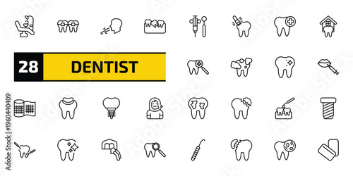 dentist outline icon set. 28 linear vector for ui, web and mobile. thin line dental chair, dental brackets, breath and more icons.