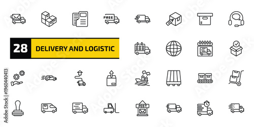 delivery and logistic outline icon set. 28 linear vector for ui, web and mobile. thin line express mail, packages, dossier and more icons.
