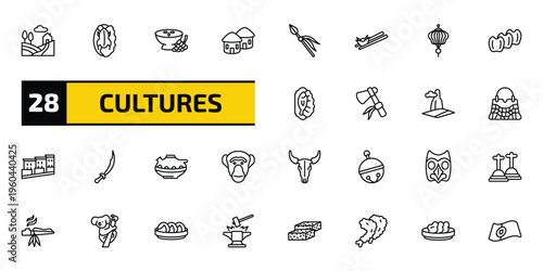 cultures outline icon set. 28 linear vector for ui, web and mobile. thin line tuscany, beijing roast duck, ajoblanco and more icons.