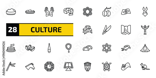 culture outline icon set. 28 linear vector for ui, web and mobile. thin line rice pudding, imperial carp, islamic prayer and more icons.