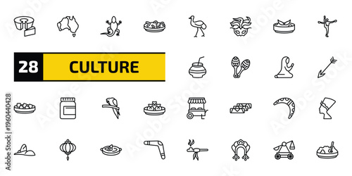 culture outline icon set. 28 linear vector for ui, web and mobile. thin line bolo de fuba, australian continent, gecko top view shape and more icons.