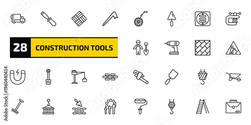 construction tools outline icon set. 28 linear vector for ui, web and mobile. thin line truck with freight, chisel, paver and more icons.