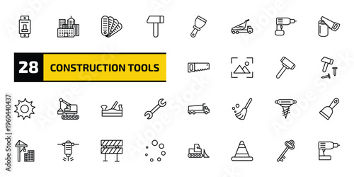 construction tools outline icon set. 28 linear vector for ui, web and mobile. thin line circuit breaker, , pantone and more icons.