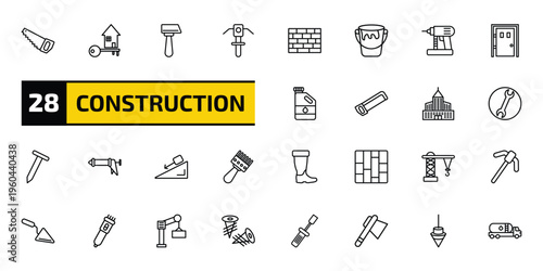 construction outline icon set. 28 linear vector for ui, web and mobile. thin line big saw, home key, inclined hammer and more icons.