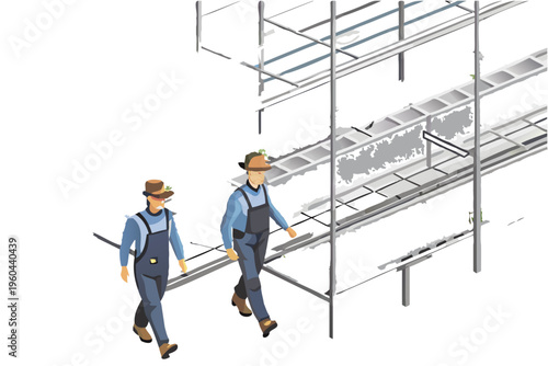 Construction workers walk along scaffolding with a stylized smoke effect