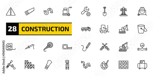 construction outline icon set. 28 linear vector for ui, web and mobile. thin line warning, carpenter saw, plumbing and more icons.