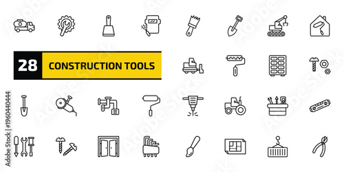 construction tools outline icon set. 28 linear vector for ui, web and mobile. thin line fuel truck, wrench and gear, bolster and more icons.