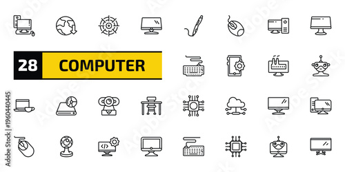 computer outline icon set. 28 linear vector for ui, web and mobile. thin line computer, download from the net, calibrate and more icons.