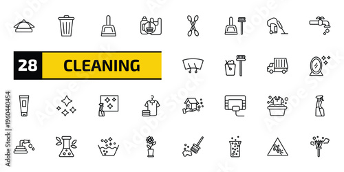 cleaning outline icon set. 28 linear vector for ui, web and mobile. thin line serviette, bin, dust pan and more icons.