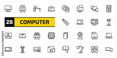 computer outline icon set. 28 linear vector for ui, web and mobile. thin line computer and monitor, online support, boss office and more icons.