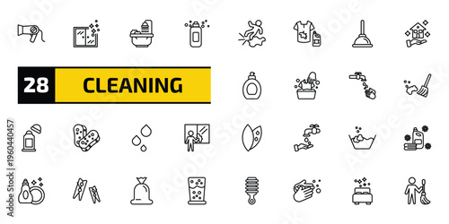 cleaning outline icon set. 28 linear vector for ui, web and mobile. thin line hairdryer cleanin, cleaning window, bathtub cleaning and more icons.