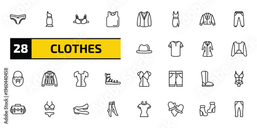 clothes outline icon set. 28 linear vector for ui, web and mobile. thin line panties, one shoulder dress, bra and more icons.