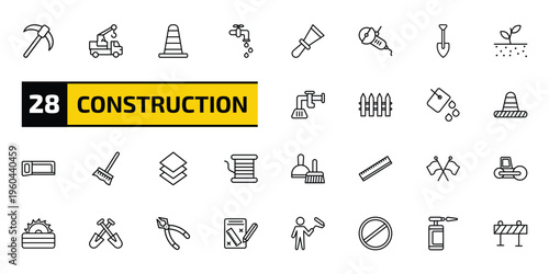 construction outline icon set. 28 linear vector for ui, web and mobile. thin line pick axe, truck with crane, road construction and more icons.