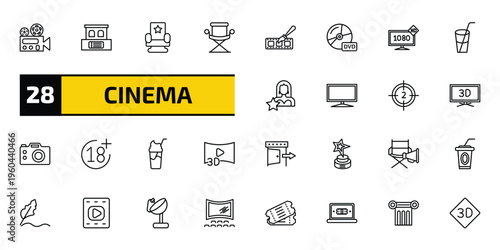 cinema outline icon set. 28 linear vector for ui, web and mobile. thin line film viewer, box office, cinema chair and more icons.