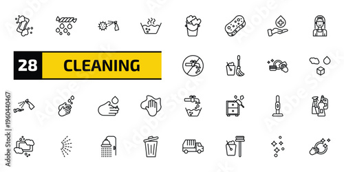 cleaning outline icon set. 28 linear vector for ui, web and mobile. thin line hand soap, squeeze, virus cleanin and more icons.