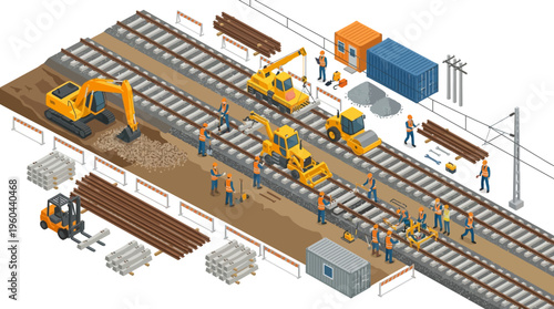 Detailed isometric illustration of a railway construction site, showing workers and heavy equipment actively building new tracks and infrastructure.