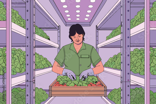 Woman tending to rows of leafy greens in a vertical farm environment