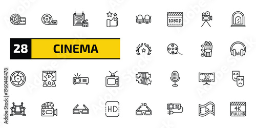 cinema outline icon set. 28 linear vector for ui, web and mobile. thin line film reel playing, big film roll, film poster and more icons.