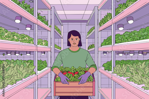 Woman tending to leafy greens in a vertical indoor farm setting