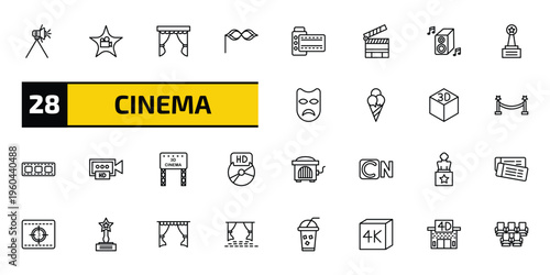 cinema outline icon set. 28 linear vector for ui, web and mobile. thin line cinema light source, cinema celebrity, curtain and more icons.