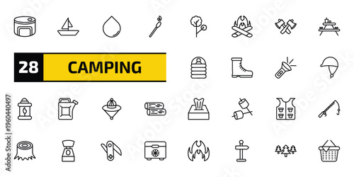 camping outline icon set. 28 linear vector for ui, web and mobile. thin line canned food, boat, water and more icons.
