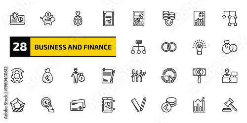 business and finance outline icon set. 28 linear vector for ui, web and mobile. thin line laptop analysis, purpose of saving money, man with money gears and more icons.