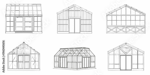 Line drawing illustrations of various greenhouse and shed structures