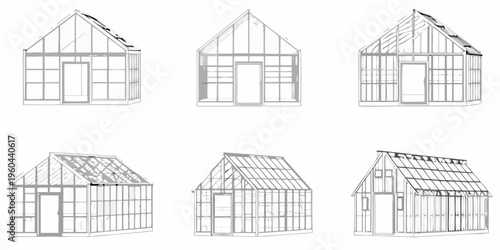 Line drawing of six different greenhouse structures in varying perspectives